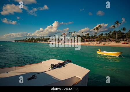 Dominicus Beach from the sea detail at sunset, Dominican republic Stock Photo