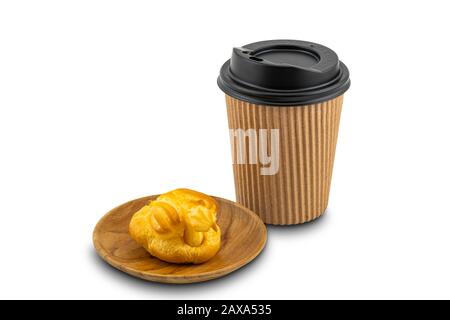 Eclair in a wooden plate and take home coffee on white background with clipping path Stock Photo