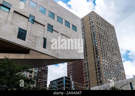 New York City, USA - August 3, 2018: Facade of the Juilliard School, private performing arts conservatory, located on Broadway at Lincoln Center Plaza Stock Photo