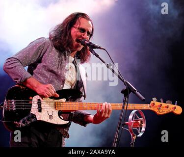 Rush lead vocalist Geddy Lee performs with the rest of the band at the BB&T Center in Fort Lauderdale, Florida. Stock Photo
