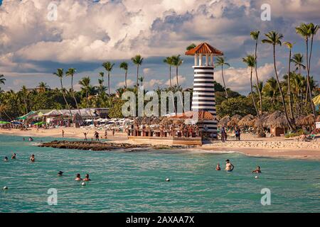 View of Dominicus beach near Bayhaibe with the lighthouse Taken from the sea 2 Stock Photo