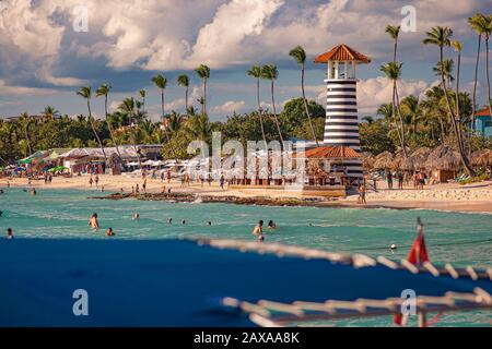 View of Dominicus beach near Bayhaibe with the lighthouse Taken from the sea Stock Photo