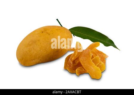 Ripe mango with green leaf and dehydrated mango on white background with clippjing path Stock Photo