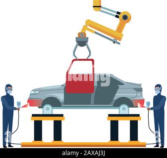 car painters painting red a lifted car and robotic arm holding a door Stock Vector