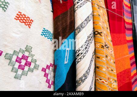 Plenty of famous traditional Berber carpets on sale, Ait Ben Haddou, Morocco Stock Photo
