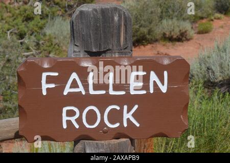 FRUITA, COLORADO - JUNE 23, 2016: Fallen Rock Overlook Sign Along Rim Rock Drive in Colorado National Monument Stock Photo