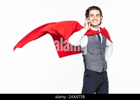 Young man superhero talk on the phone on white background Stock Photo