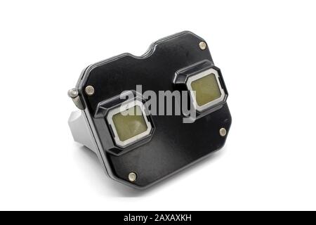 Vintage metallic stereoscopic View Master slide viewer, front view, isolated on white background, close-up