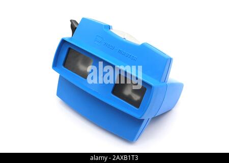 Vintage plastic stereoscopic slide viewer, front view, isolated on white background, close-up Stock Photo