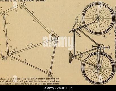 The Wheel and cycling trade review . Claim.—In i k rigidly nwith said tubular post, of a eliding locking-Ltially in one part having a vertical slot/ tho lower t&lt;is enlarged and one side thereof terminate* in a cycloidal s cess which is adapted to support the key when tho bolt is thrown up, of each side runnin,a series of slotted tumblers pivoted on each side of Baid bolt, aud each other, and wit 673.070. (NomodeL). Chlm.. To a bicycle, the cranl the strap metal bent around to form eyes or loops and parallelbers, said loop portions being fitted peripherally inside of, and &gt;the ends of, Stock Photo