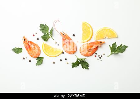 Composition with shrimps and spices on white background, top view Stock Photo