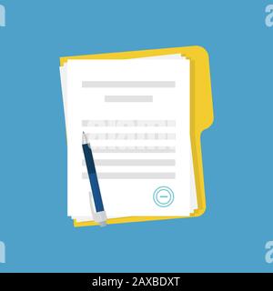 Document with stamp and pen. Business documents agreement. Paper contract or paperwork on blue background. EPS 10 Stock Photo