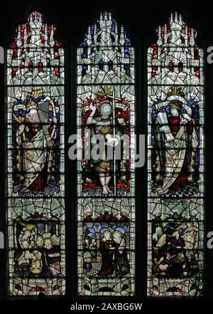 A stained glass window by C E Kempe & Co. depicting King David, John the Baptist & Habakkuk, St Editha's Church, Church Eaton, Staffordshire Stock Photo