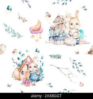 Cute bunnies in forest. Spring seamless pattern, cartoon illustration for children clothing. Woodland Watercolor style. Hand drawn boho image for Stock Photo