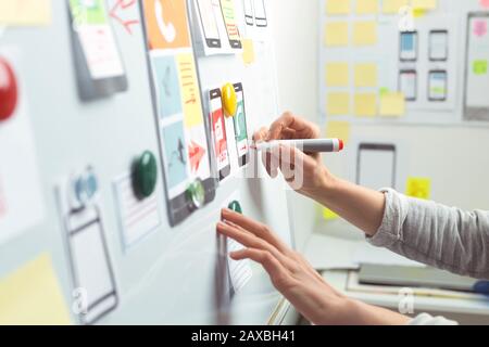 UI website designers are developing a mobile phone application interface. User experience Stock Photo
