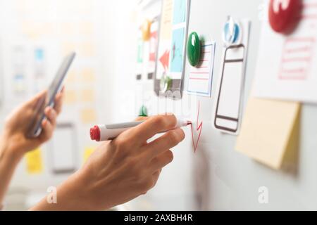 UI website designers are developing a mobile phone application interface. User experience Stock Photo