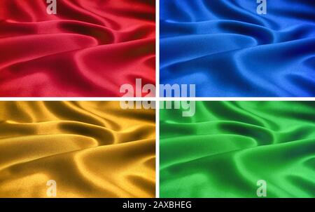 Collection of abstract colorful cloth textile backgrounds, set of red, blue, yellow and green luxury satin fabric textures Stock Photo