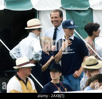 HRH Princess Anne, Captain Mark Phillips, Peter Phillips and Zara Phillips at the Windsor Horse Trials, Windsor, England April 1989 Stock Photo