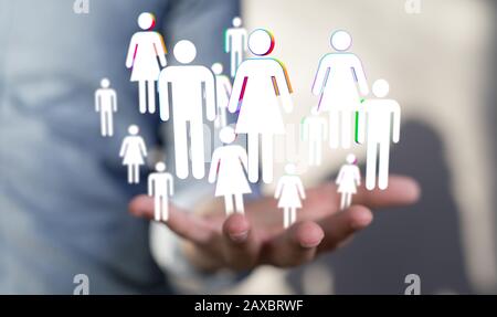 Human hand presenting the digital projection of people network Stock Photo