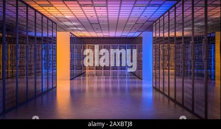 image 3d render of a modern database server room. telecommunication and cloud data storage concept. Stock Photo