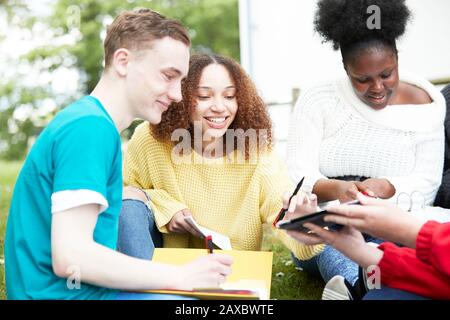 College students studying and using digital tablet in park Stock Photo