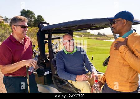 Male friends talking at golf cart on sunny golf course Stock Photo