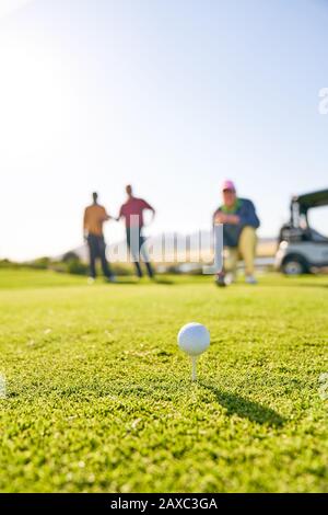 Close up golf ball on tee in sunny grass Stock Photo