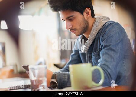 Focused male college student using smart phone Stock Photo