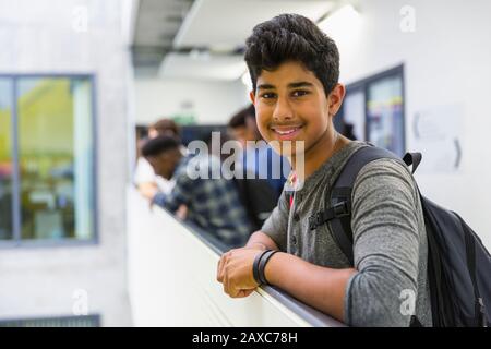 Portrait confident junior high boy student Stock Photo