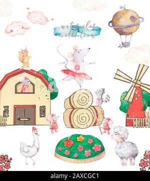 Cute Barn with various farm animals Watercolor cartoon hand drawn illustration. Funny characters on white isolated background Stock Photo