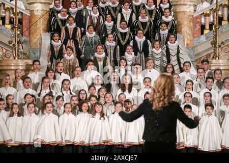 Bucharest, Romania - January 10, 2019: Shallow depth of field (selective focus) image with the Romanian Madrigal choir performing in the Romanian Athe Stock Photo