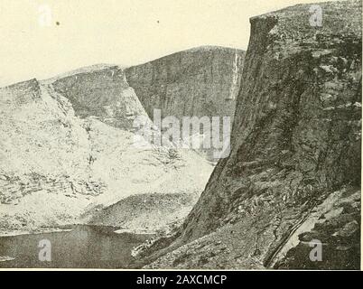 Forest physiography; physiography of the United States and principles of soils in relation to forestry . Fig. ij$. — Wall at head of cirque, upper end of a tributary of West Tensleep Creek, Bighorn Mountains.A. View from above rim, showing old rounded surface. B. View from below rim, showing granitewalls nearly looo feet high. (Blackwelder, U. S. Geol. Surv.)352 ROCKY MOUNTAINS. II 353 During both the advance and the retreat of the ice the number ofseparate glaciers was greater than during the time of maximum glacia-tion, for the ice was melted out of the lower glacial troughs, while itstill l Stock Photo