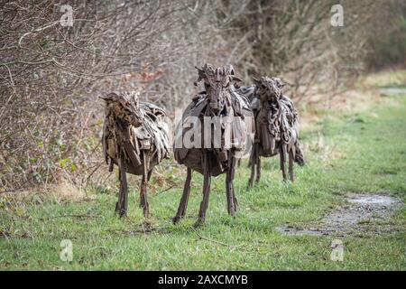 Sally Matthew’s flock of Swaledale Sheep. Constructed from recycled industrial scrap located on The Spen Valley Greenway Cycle Network. Stock Photo