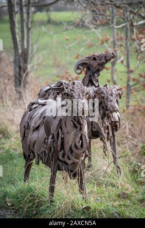 Sally Matthew’s flock of Swaledale Sheep. Constructed from recycled industrial scrap located on The Spen Valley Greenway Cycle Network. Stock Photo