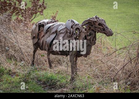 Sally Matthew’s flock of Swaledale Sheep. Constructed from recycled industrial scrap located on The Spen Valley Greenway Cycle Network. Stock Photo