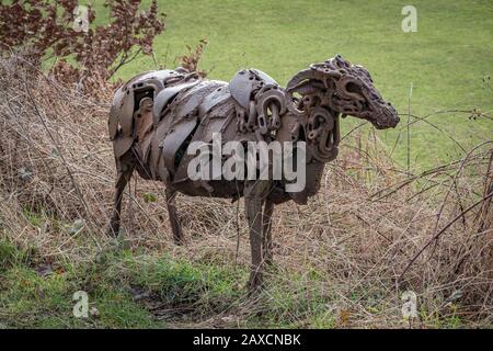 Sally Matthew’s flock of Swaledale Sheep. Constructed from recycled industrial scrap located on The Spen Valley Greenway Cycle Network. Stock Photo