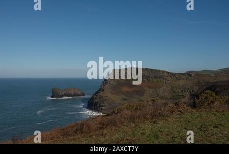 Willapark Headland and Boscastle Lookout Station by the Atlantic Ocean on the South West Coast Path by the Village of Boscastle in Cornwall,England,UK Stock Photo