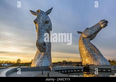 The Kelpies, a 300 tonne, 30 metre high horse head sculpture by artist Andy Scott , The Helix Park, Falkirk, Scotland Stock Photo
