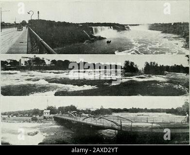 A Souvenir of Niagara Falls, showing Summer and Winter views of Niagara Falls and their surroundings.- . O - S ; y 2 = ^ r - ,. i i THREE FAMORflnn VIEWS. The first a general view of both the Canadian and American Falls and the American end of the great steel arch trolley bridge. Second, a complete viewof the American Rapids from Goat Island to the main shore. Third, a view from Goat Island to the main shore, showing the bridge connecting Goat and BathIsland, the Park Carriage Oftice and the Cataract House in the distance. Stock Photo