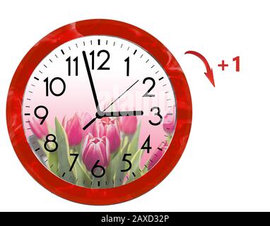 Daylight Saving Time (DST). Wall Clock going to summer time (+1). Turn time forward. Stock Photo