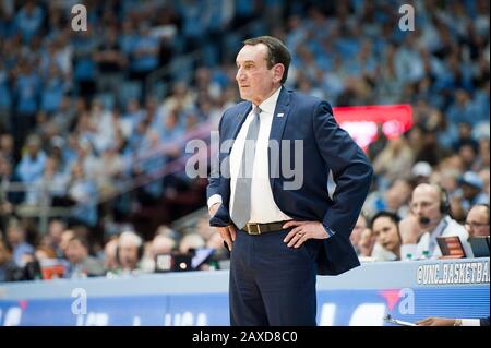 Feb. 8, 2020 - Chapel Hill, North Carolina; USA - Duke Blue Devils Head Coach MIKE KRZYZEWSKI as the University of North Carolina Tar Heels were defeated the Duke Blue Devils with a final score of 98-96 as they played mens college basketball at the Dean Smith Center located in Chapel Hill. Copyright 2020 Jason Moore. Credit: Jason Moore/ZUMA Wire/Alamy Live News Stock Photo
