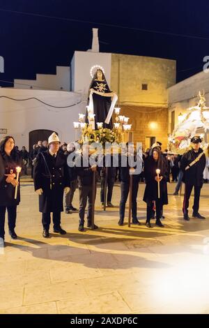 AVETRANA, ITALY - APRIL 19, 2019 - The Virgin Maria Our Lady of Sorrows is carried in procession during the Easter rites in Puglia on Good Friday Stock Photo