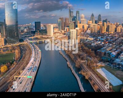 Philadelphia skyline, aerial view of downtovn Philly with skyscrapers in dramatic light and cloudscape, Schuylkill riverfront Stock Photo
