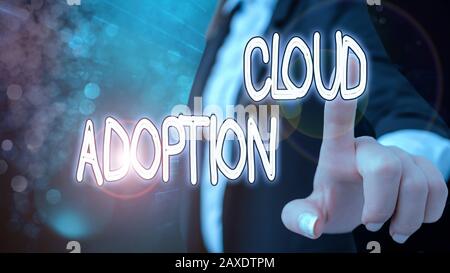 Text sign showing Cloud Adoption. Business photo text strategic move by organisations of reducing cost and risk Stock Photo