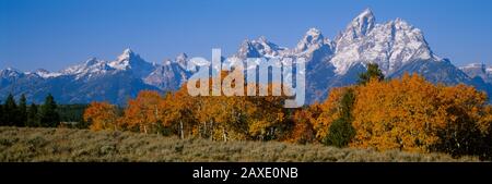 Panoramic view of mountains, Grand Teton, Teton Range, Grand Teton National Park, Wyoming, USA Stock Photo