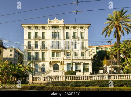 Façade in Art Nouveau architectural style of the Hotel de Paris (1897) on the promenade of Sanremo in a sunny day, Riviera of Flowers, Liguria, Italy Stock Photo