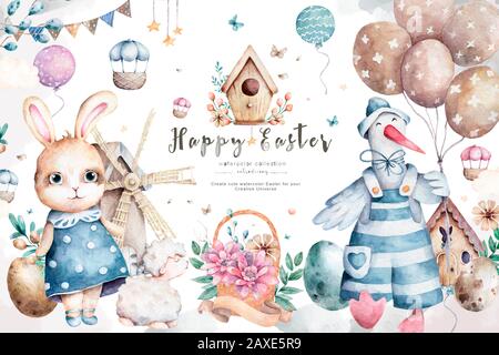 Cute bunny and goose cartoon with balloon and easter elements. Hand ...