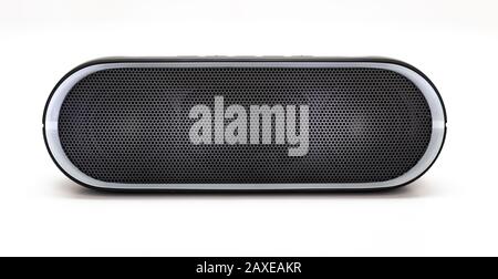 Black Bluetooth speaker with lights on isolated in white background Stock Photo