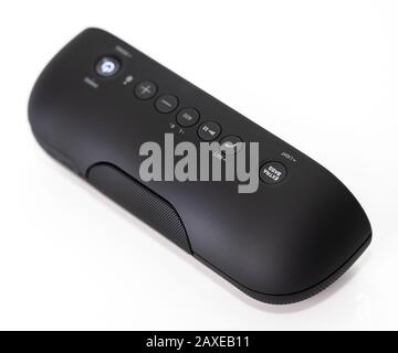 Black Bluetooth speaker with lights on isolated in white background Stock Photo