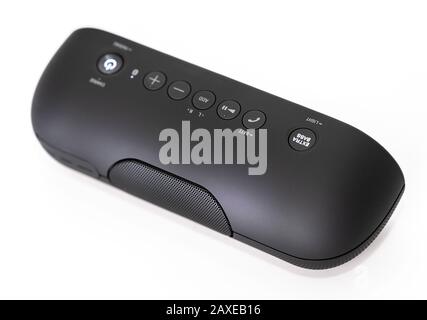 Black Bluetooth speaker with lights on isolated in white background Stock Photo